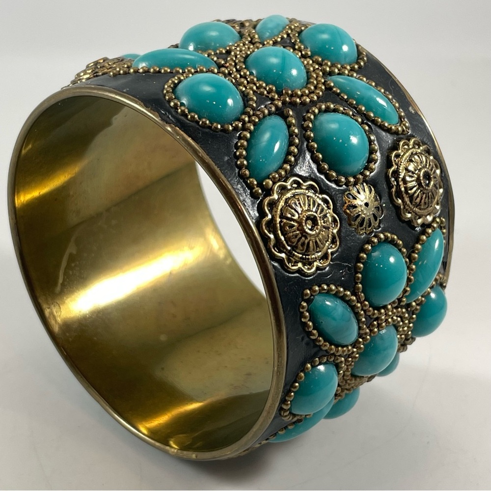 Large Wide Bracelet Gold Tone Bracelet Blue Rhinestone Vintage Chunky Statement